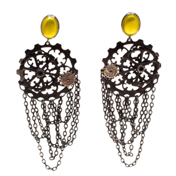 Pre Owned Bottega Veneta Ingranaggi Enamel Oxidized Silver Long Earrings