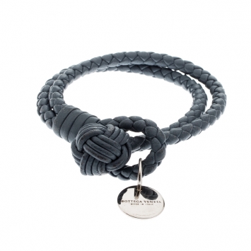 Pre Owned Bottega Veneta Intrecciato Nappa Blue Leather Double Strand Bracelet 