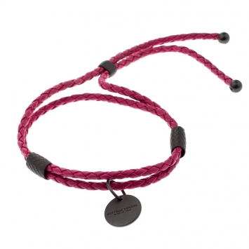 Pre Owned Bottega Veneta Intrecciato Pink Woven Leather Adjustable Double Strand Bracelet 