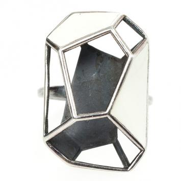 Pre Owned Bottega Veneta Silver White Enamel Ring Size 53
