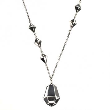 Pre Owned Bottega Veneta Nero Geometrie Enameled Antique Silver Pendant