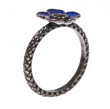 Pre Owned Bottega Veneta Blue Enamel Silver Flower Ring Size 57