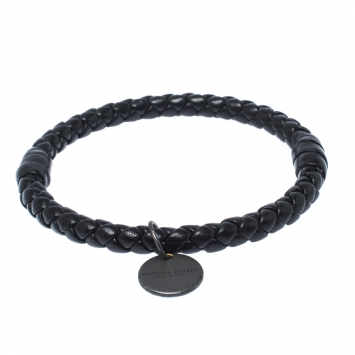 Pre Owned Bottega Veneta Black Intrecciato Woven Leather Bangle Bracelet 
