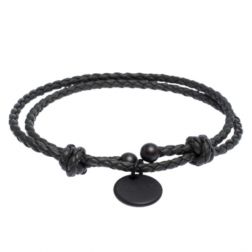 Pre Owned Bottega Veneta Dark Grey Intrecciato Leather Double Band Bracelet