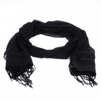 Pre Owned Bottega Veneta Black Leather Trim Fringed Cashmere Blend Scarf
