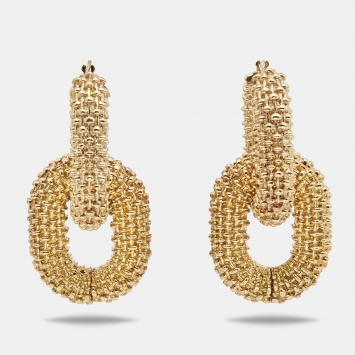 Pre Owned Bottega Veneta Double Hoop Gold Tone Drop Earrings