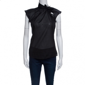 Pre Owned Bottega Veneta Black Sheer Cotton Neck Tie Detail Sleeveless Top S