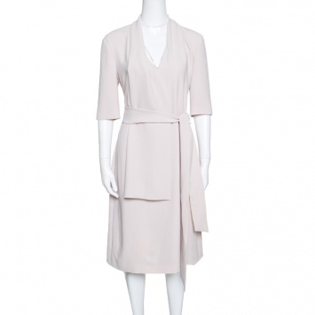 Pre Owned Bottega Veneta Beige Draped Neckline Detail Belted Dress M