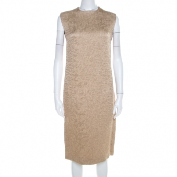 Pre Owned Bottega Veneta Beige Textured Wool Sleeveless Shift Dress S 