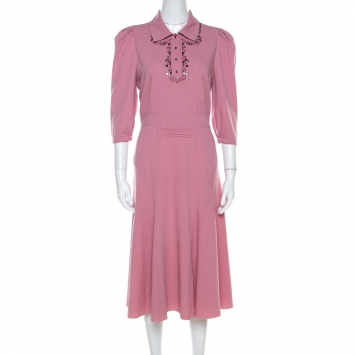Pre Owned Bottega Veneta Dusty Rose Boudoir Wool Studded Detail Fit and Flare Dress M