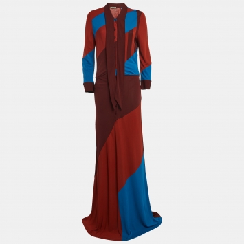 Pre Owned Bottega Veneta Brown/Blue Patch Work Jersey Buttoned Maxi Dress M