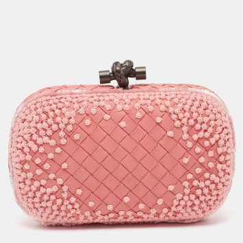 Pre Owned Bottega Veneta Pink Embroidered Intrecciato Leather Knot Clutch