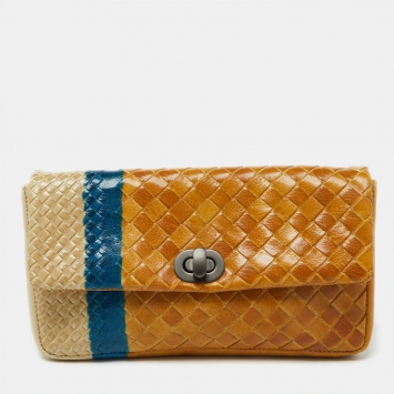 Pre Owned Bottega Veneta Tri Color Intrecciato Leather Turn Lock Clutch