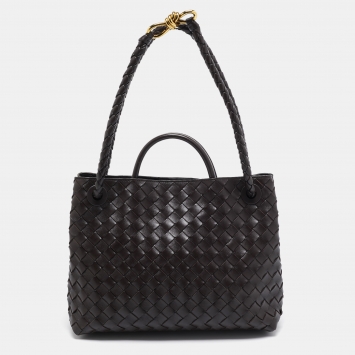 Pre Owned Bottega Veneta Dark Intrecciato Leather Medium Andiamo Bag
