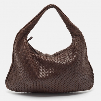 Pre Owned Bottega Veneta Brown Intrecciato Leather Large Veneta Hobo