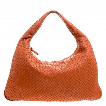 Pre Owned Bottega Veneta Orange Intrecciato Leather Large Belly Veneta Hobo