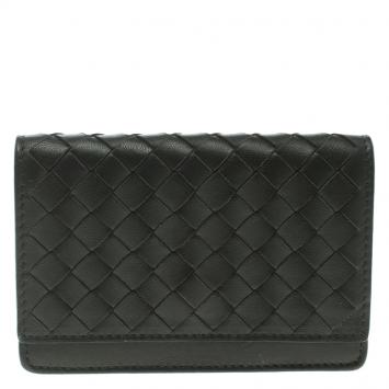 Pre Owned Bottega Veneta Dark Grey Leather Intrecciato Card Holder