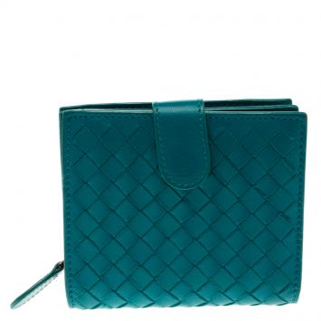 Pre Owned Bottega Veneta Turquoise Intrecciato Leather Compact Wallet
