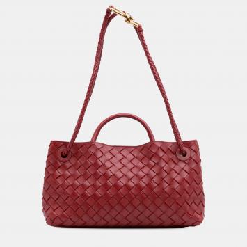 Bottega Veneta Red Lambskin Intrecciato East West Andiamo Top Handle Bag