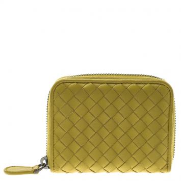 Pre Owned Bottega Veneta Yellow Intrecciato Leather Zip Around Wallet