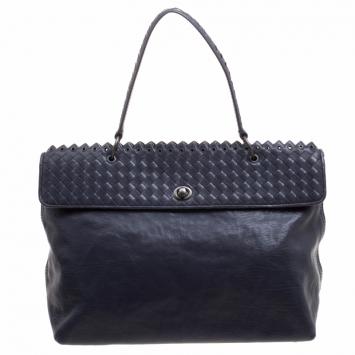 Pre Owned Bottega Veneta Navy Blue Woven Leather Tiina Bag