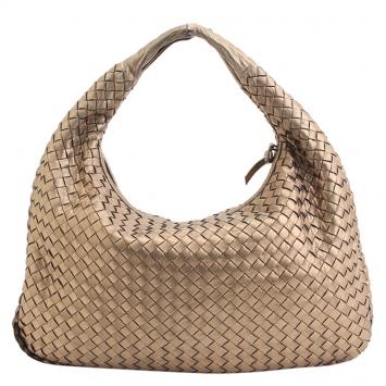 Pre Owned Bottega Veneta Gold Metallic Intrecciato Leather Medium Veneta Hobo