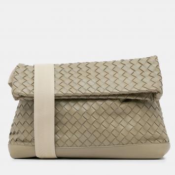 Pre Owned Bottega Veneta Beige Nappa Intrecciato Fold Over Crossbody