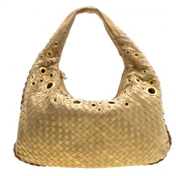 Pre Owned Bottega Veneta Gold Shimmering Intrecciato Leather Small Eyelet Hobo