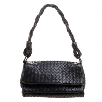 Pre Owned Bottega Veneta Black Intrecciato Leather Braided Handle Flap Shoulder Bag 