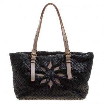 Pre Owned Bottega Veneta Black Intrecciato Leather Marquise Flower Tote