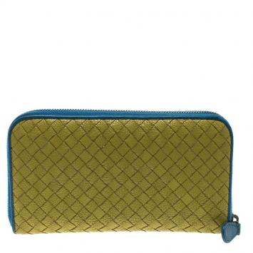 Pre Owned Bottega Veneta Yellow/Blue Intrecciato Nappa Leather Zip Wallet