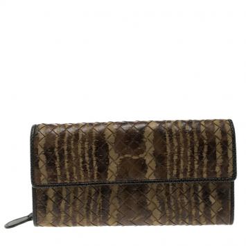 Pre Owned Bottega Veneta Brown Printed Intrecciato Leather Continental Wallet