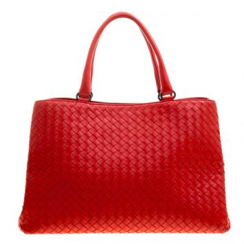 Pre Owned Bottega Veneta Red Intrecciato Leather Tote