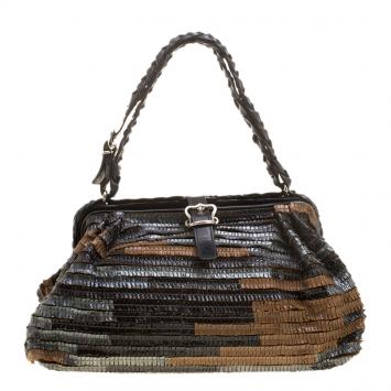 Pre Owned Bottega Veneta Multicolor Lizard Ruffles Limited Edition 084/250 Frame Bag