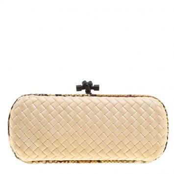 Pre Owned Bottega Veneta Off White Intrecciato Satin and Python Trim Knot Clutch