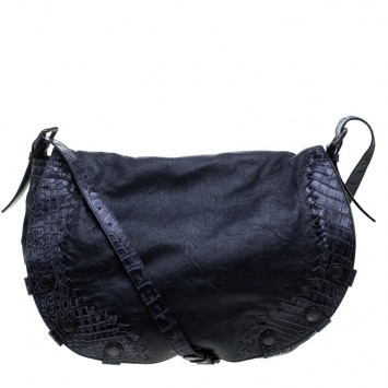 Pre Owned Bottega Veneta Dark Blue Leather and Intrecciato Crocodile Trims Messenger Bag