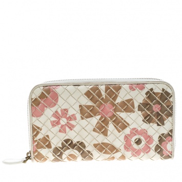 Pre Owned Bottega Veneta Off White Multicolor Print Intrecciato Nappa Leather Zip Wallet
