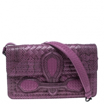 Pre Owned Bottega Veneta Purple Intrecciato Snakeskin Rialto Shoulder Bag
