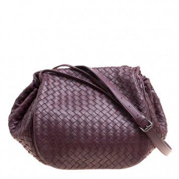 Pre Owned Bottega Veneta Burgundy Intrecciato Leather Drawstring Flap Crossbody Bag