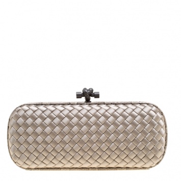 Pre Owned Bottega Veneta Grey Intrecciato Satin and Snakeskin Trim Knot Clutch