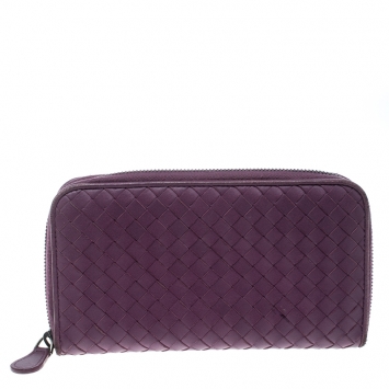 Pre Owned Bottega Veneta Purple Intrecciato Leather Zip Around Long Wallet