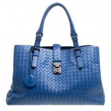 Pre Owned Bottega Veneta Blue Intrecciato Leather Roma Tote