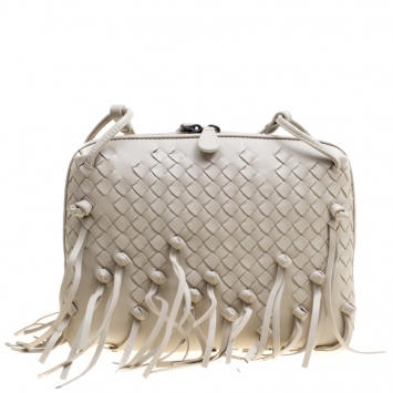 Pre Owned Bottega Veneta Light Beige Intrecciato Leather Fringe Nodini Shoulder Bag
