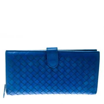 Pre Owned Bottega Veneta Blue Intrecciato Leather Continental Wallet