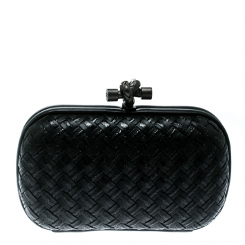 Pre Owned Bottega Veneta Black Intrecciato Leather Stitched Detail Knot Clutch