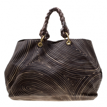 Pre Owned Bottega Veneta Black Printed Canvas Shopper Tote