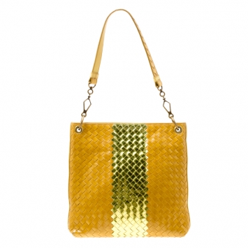 Pre Owned Bottega Veneta Yellow/Gold Intrecciato Leather Shoulder Bag