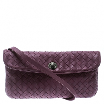 Pre Owned Bottega Veneta Purple Intrecciato Woven Leather Mini Flap Turn-Lock Crossbody Bag