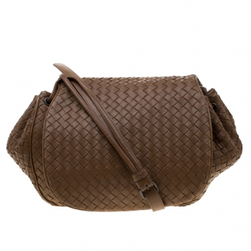 Pre Owned Bottega Veneta Brown Intrecciato Leather Drawstring Flap Crossbody Bag