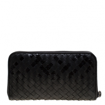Pre Owned Bottega Veneta Black Intrecciato Leather and Python Zip Around Wallet